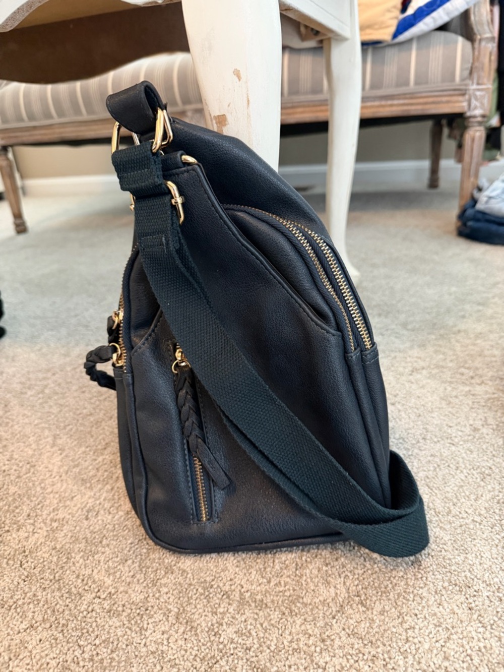 Classic Black Leather Crossbody Messenger with Gold Accents